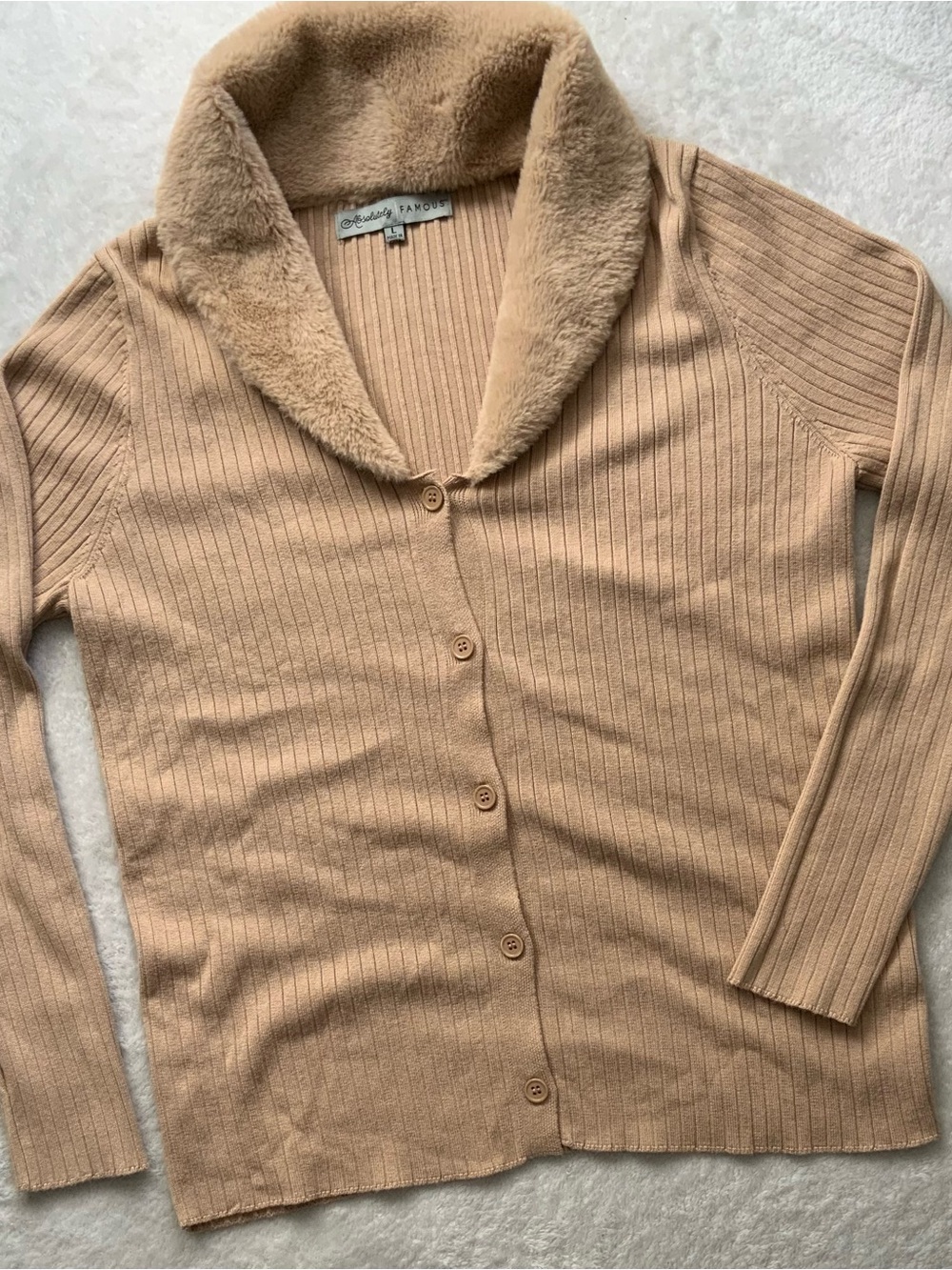 Tan Faux-Fur Collar Cardigan Sweater